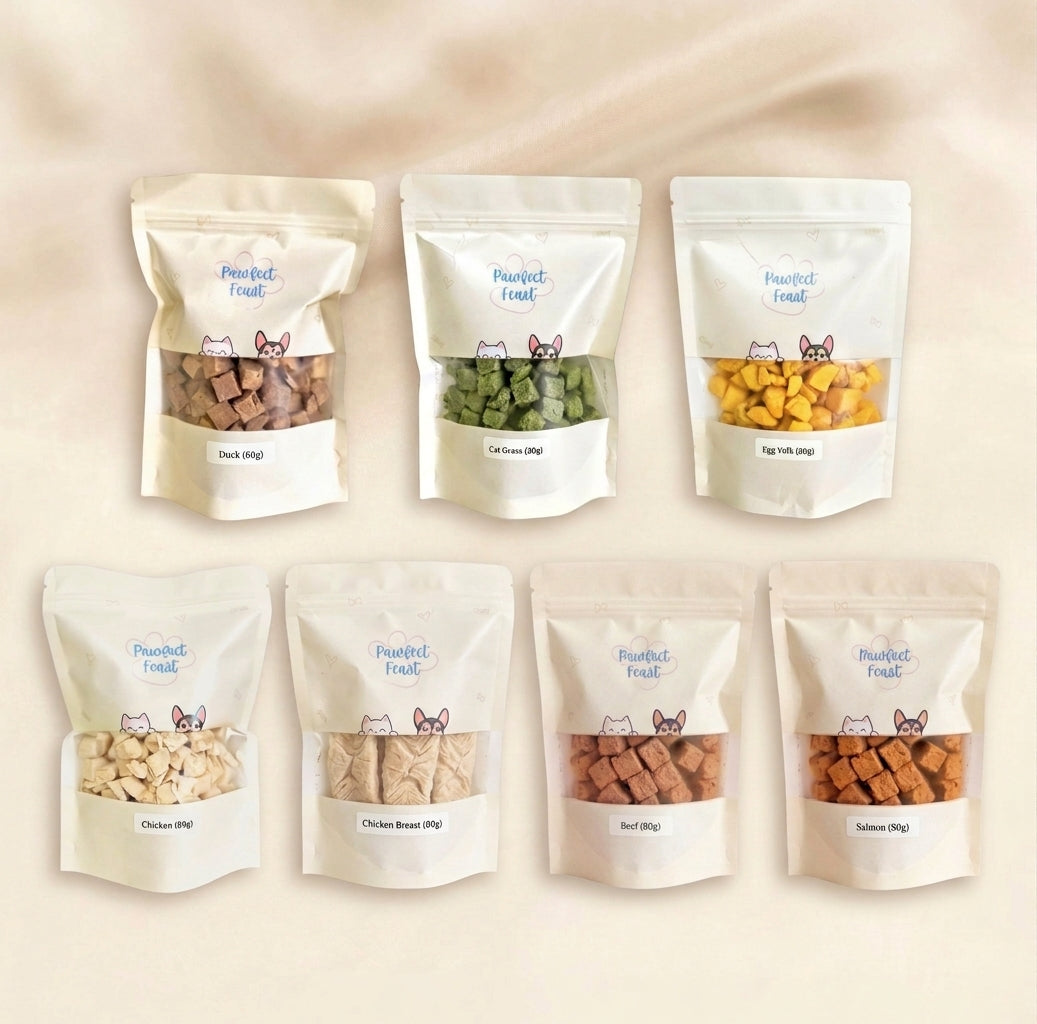Bundle of seven single-ingredient freeze-dried pet treats from Pawfect Feast — beef, duck, salmon, chicken, chicken breast, egg yolk and catgrass cubes