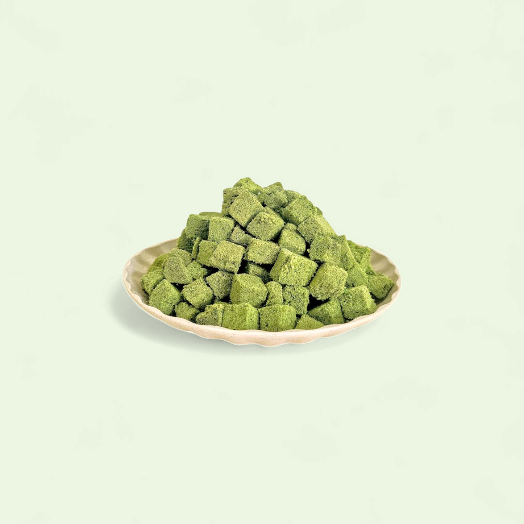 Close-up of natural freeze-dried catgrass cubes for cat digestion