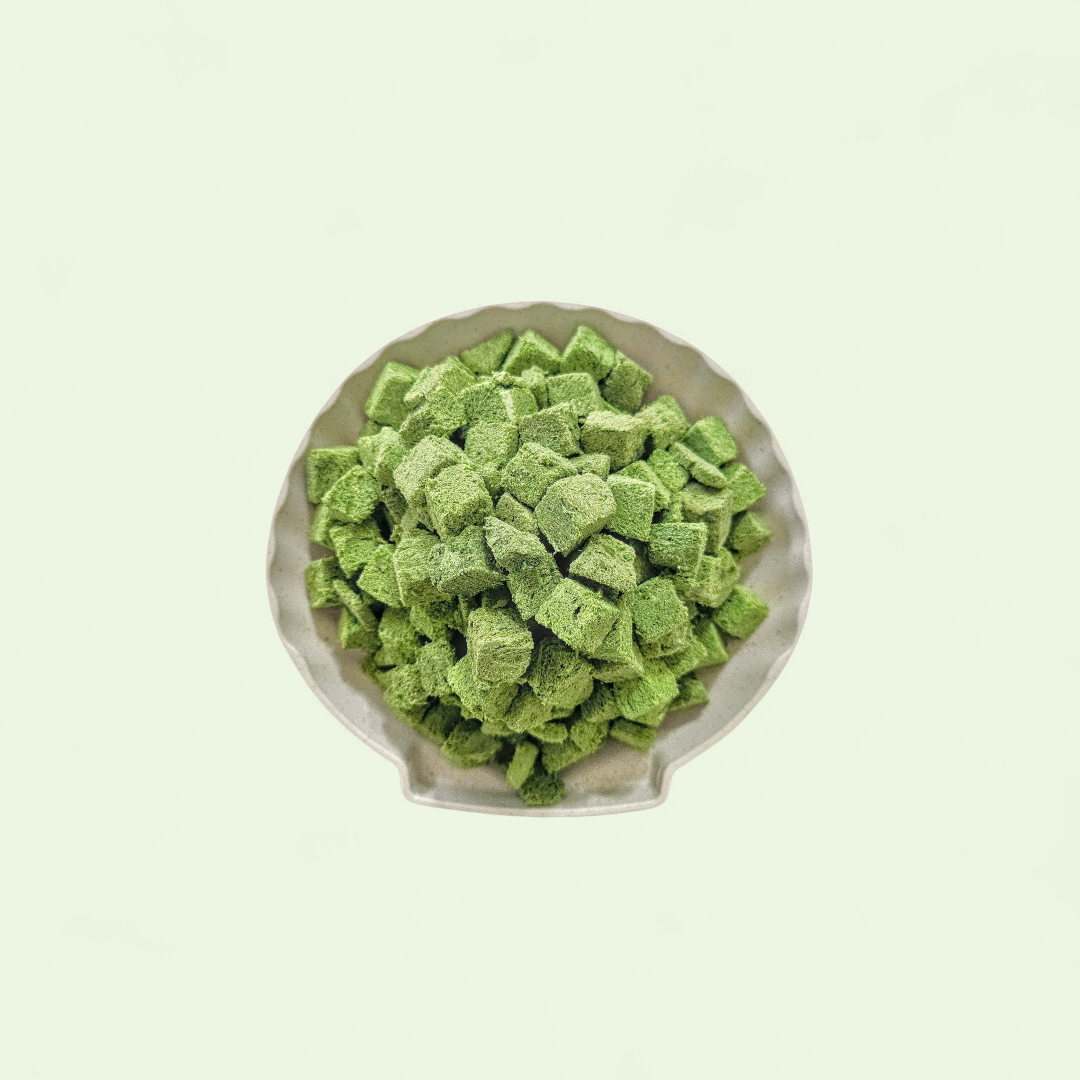 Close-up of natural freeze-dried catgrass cubes for cat digestion